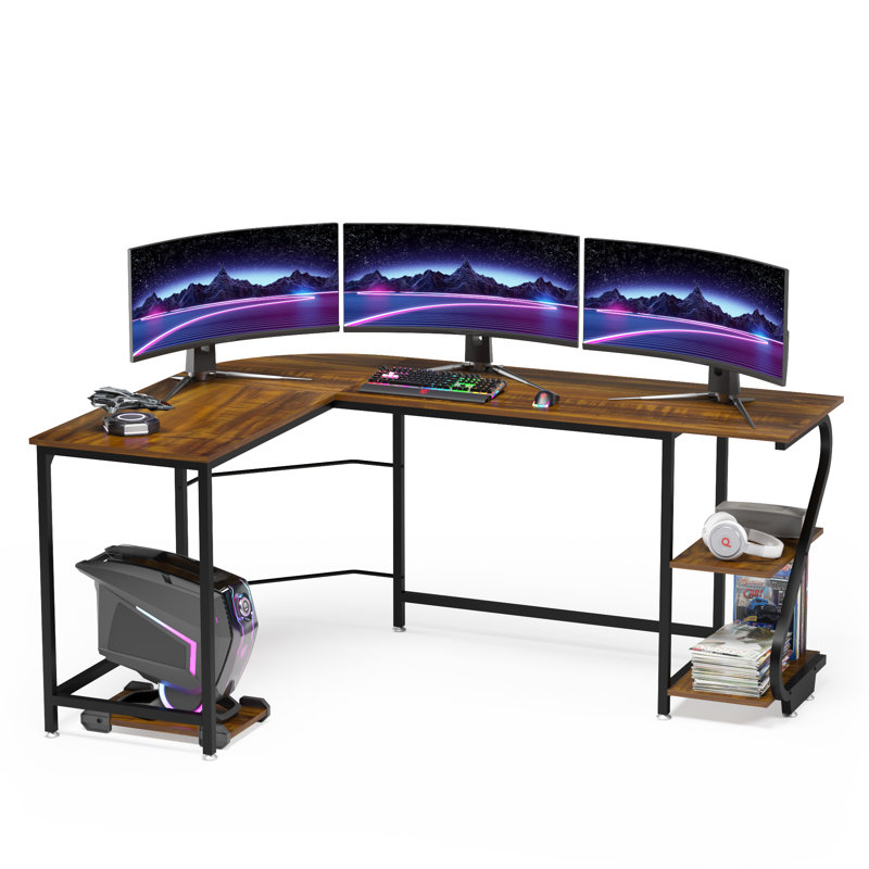 Lantz L-Shaped Metal Base Computer Desk, Dark Teak/Black, Left Hand Return