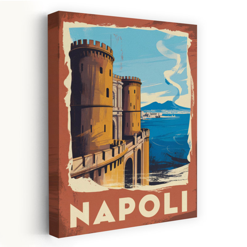 Château de Naples, Mont Vésuve, rétro, ville abstraite côtière, art mural, H 24 po x l 16 po