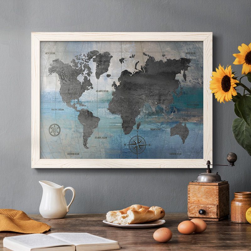 Carte du monde bleue et grise, reproduction sur toile, Blanc, H 14 po x l 20 po x P 1,5 po