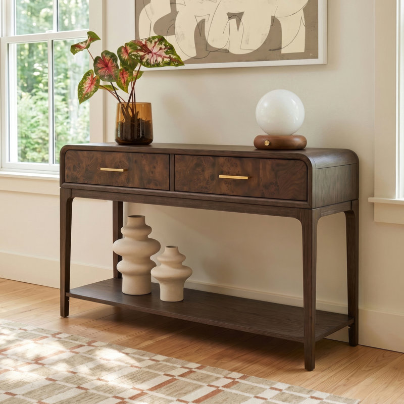 Mid-century Modern Wood Console Table Burl Veneer Oak Finish Sofa Table Entryway Table With Drawer, Coffee Oak
