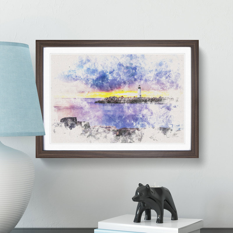 Remote Lighthouse and Seascape - Picture Frame Painting Print, 45cm H x 63cm W x 2cm D, Walnut Framed