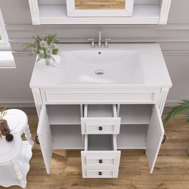 Meuble-lavabo simple avec plateau en céramique Shaianna, Blanc