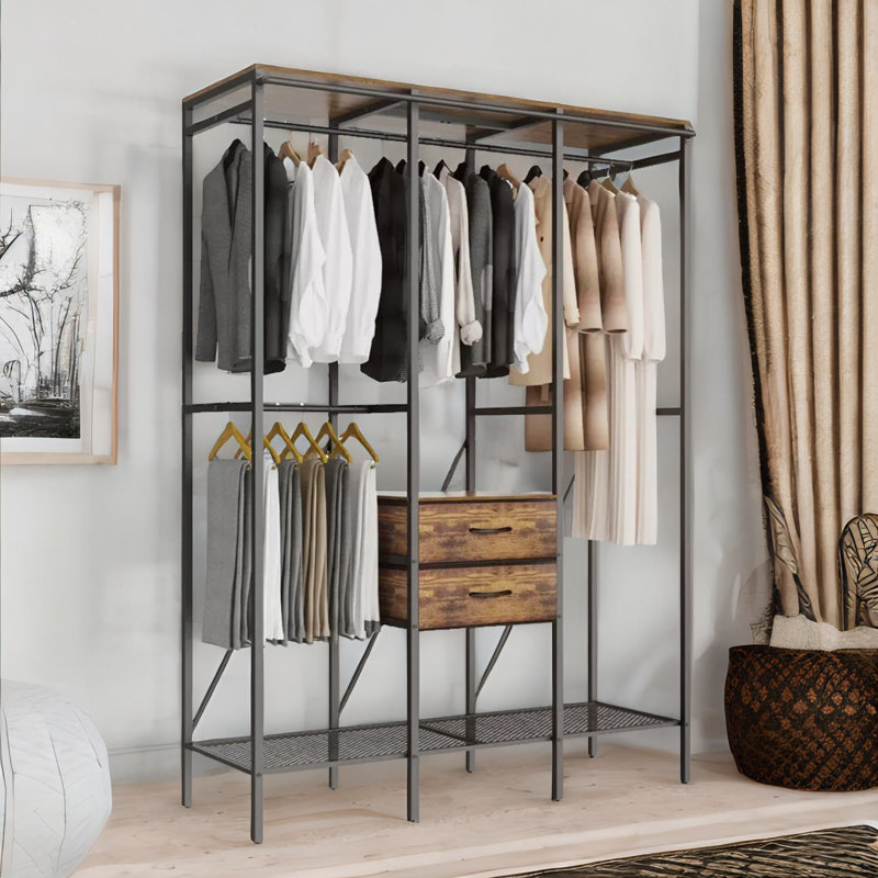 Bartinus Industrial Rustic Open Wardrobe Garment Rail With Storage Shelves And Drawers
