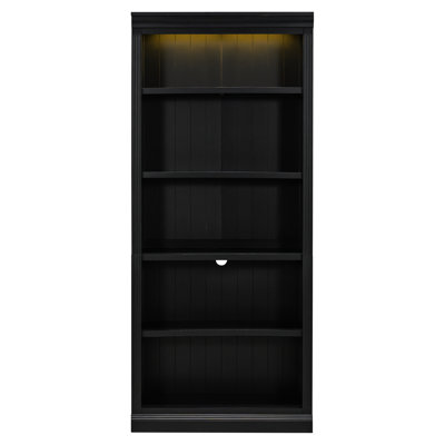 Modern 5 Bookcase With Led , Solid Wood, , Adjustable Shelves, Black For Teen Room Home Decor Bookcase, Wood Frame, Board, Balcony