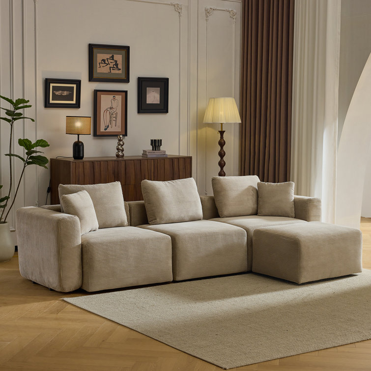 110''W Corduroy Modern  Compressed Block Couch With Plush Cushions
