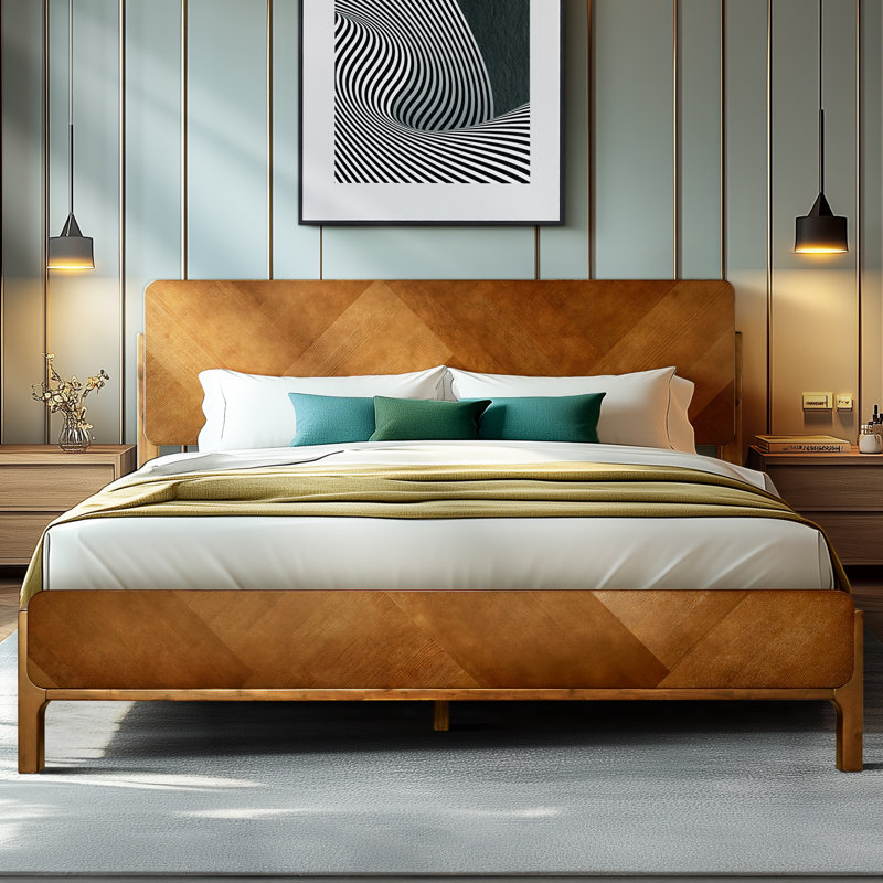 RORNS Bifrost 100% Solid Acacia Wood King Platform Bed with Tall Headboard and Footboard, Mid-Century Art Deco Design, No Box Spring Needed, Sturdy Slat Support, Scratch & Water-Resistant, Caramel Finish