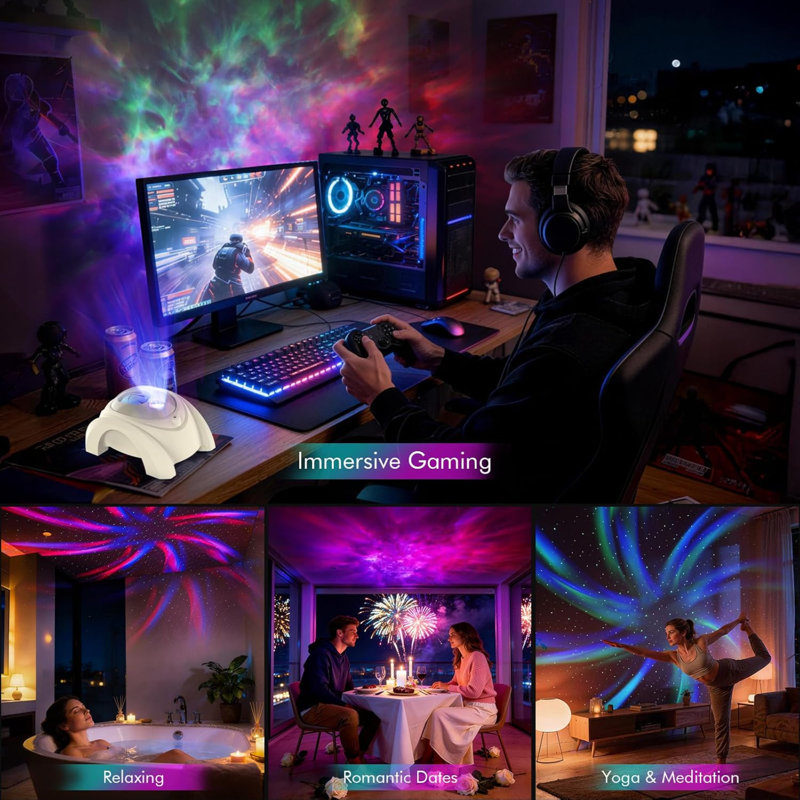 projecteur veilleuse d'aurores boréales et d'étoiles galactiques à double objectif pour chambre à coucher | 58 effets lumineux, bruit blanc, haut-parleur Bluetooth, synchronisation musicale, télécommande, minuterie, cadeau de décoration pour enfants, adultes et adolescents