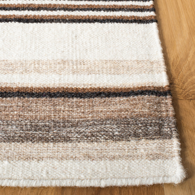 Andreucci Hand Loomed Wool/Cotton Striped Rug in Natural/Ivory, Rectangle 3' x 5'