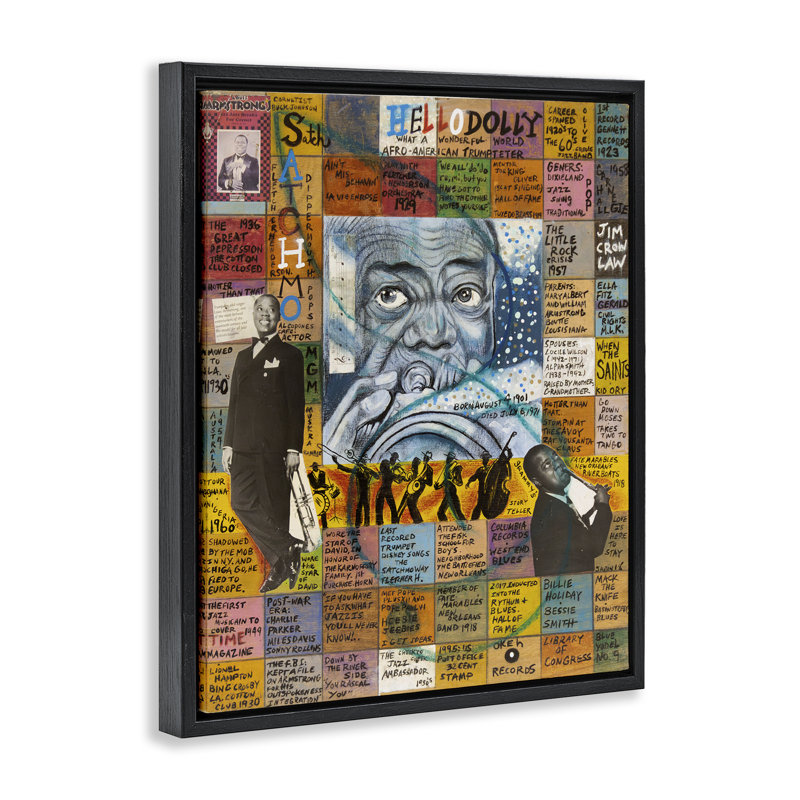 Art mural sur toile flottant encadré Louis Armstrong par Sabin, H 31 po x l 25 po, Cadre flottant gris lustré