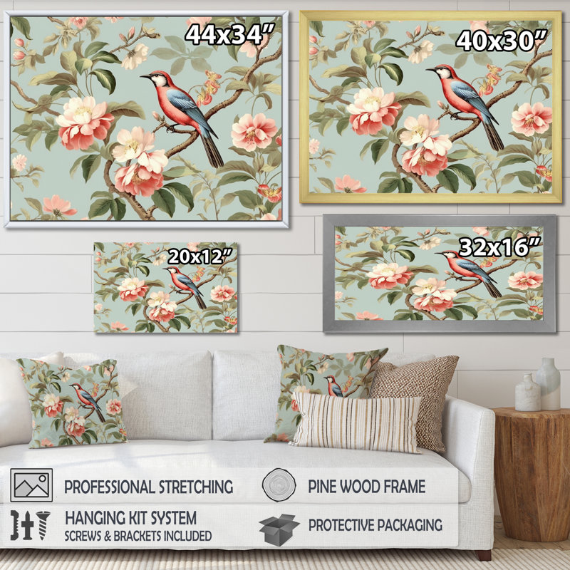 Oiseau brun sur des arbres floraux, Cadre flottant noir, H 32 po x l 24 po x P 1 po