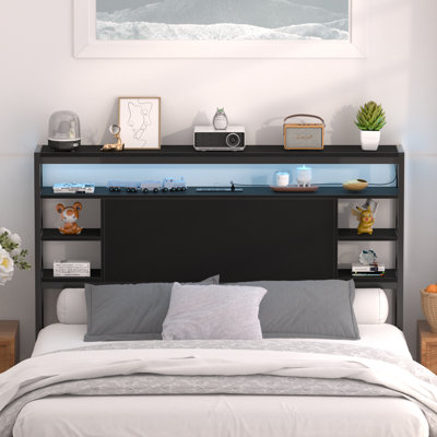 Storage Headboard With LED Lights And Charging Station by Wrought Studio