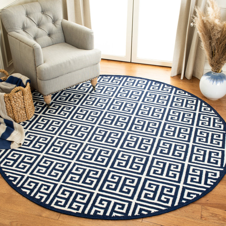 Rodgers Hand Woven Flat Weave Banana Silk/Wool/Cotton Geometric Rug in Navy/Ivory
