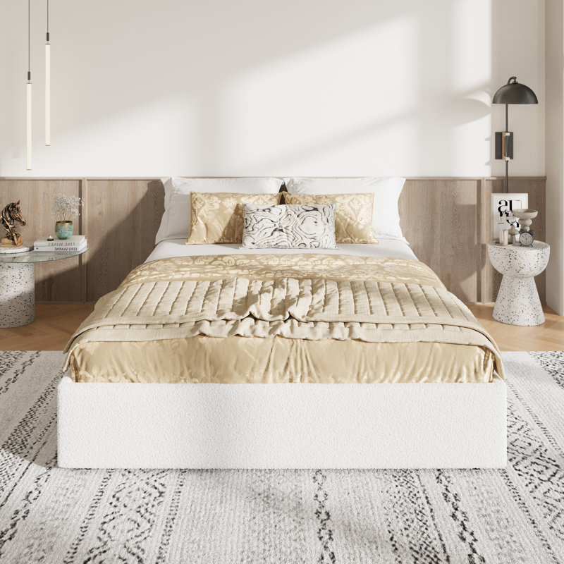 Modern Teddy Bouclé Platform Storage Bed With 4 Locking Drawers, No Box Spring Needed, Queen