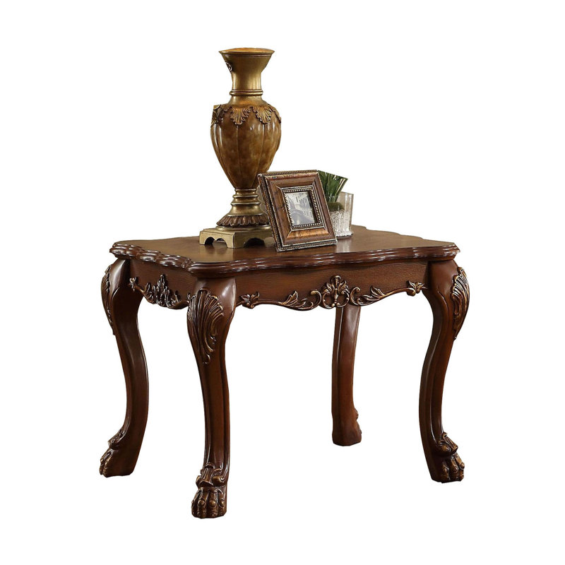 Keitha Transitional Square End Table with Wooden Scalloped Top & Apron, Cherry Oak