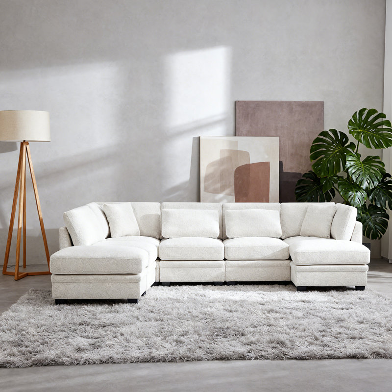 7-Piece Reversible Modular Corner Sectional Sofa With 2 Ottomans, Modular Cloud Couch Set, Beige