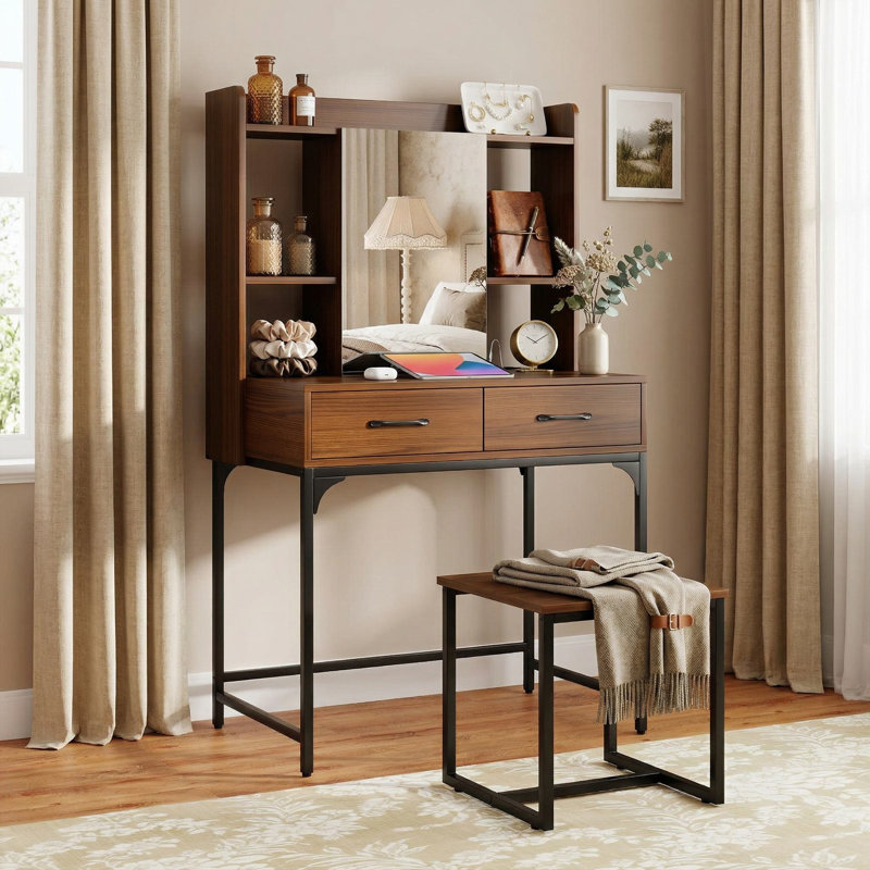 Bureau de maquillage pour meuble-lavabo, plusieurs tiroirs de rangement coulissants et station de charge rapide intégrée, surface imperméable et résistante aux égratignures