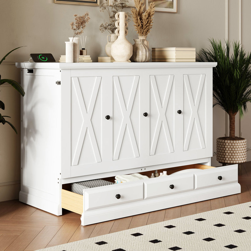 Lit double armoire en bois de pin massif avec station de charge et grand tiroir de rangement, Lit double, Blanc