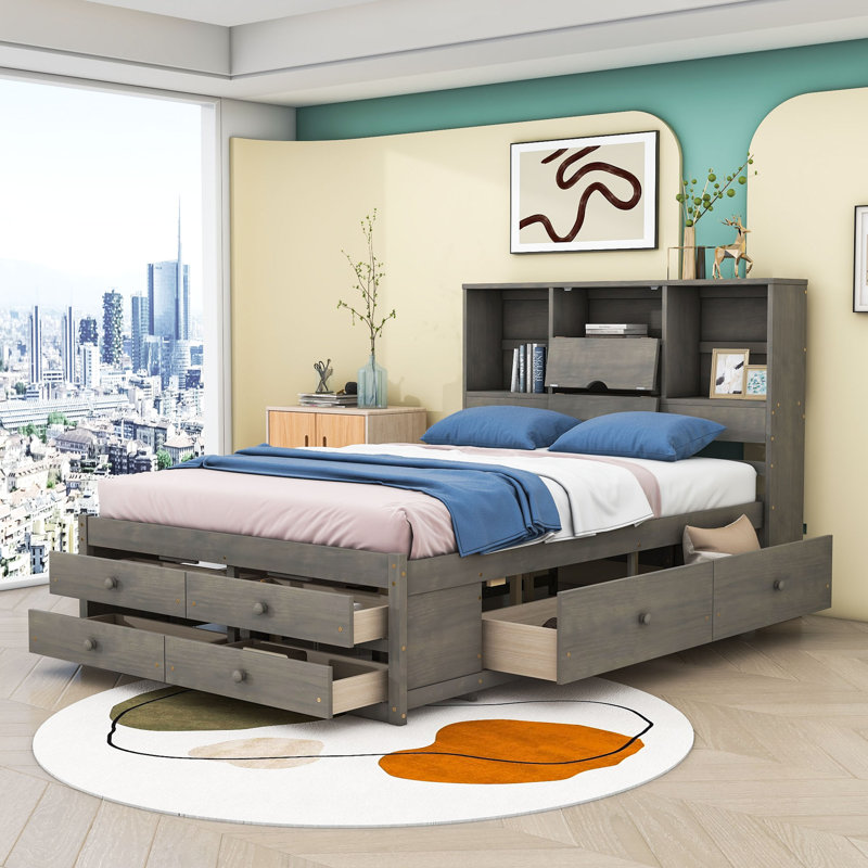 Grand lit plateforme en bois avec tête de lit et 8 tiroirs, gris