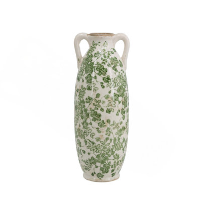 Vase à fleurs en céramique blanche avec motif floral vert et petites poignées