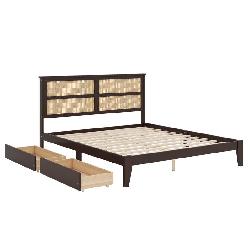 Structure de lit en bois d'hévéa avec deux tiroirs de rangement intégrés, Roi, Espresso
