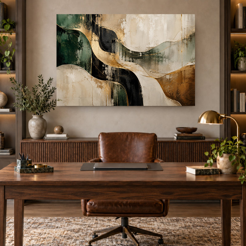 Tableau abstrait moderne sur toile représentant des vagues d'émeraude et d'or, H 24 po x l 36 po