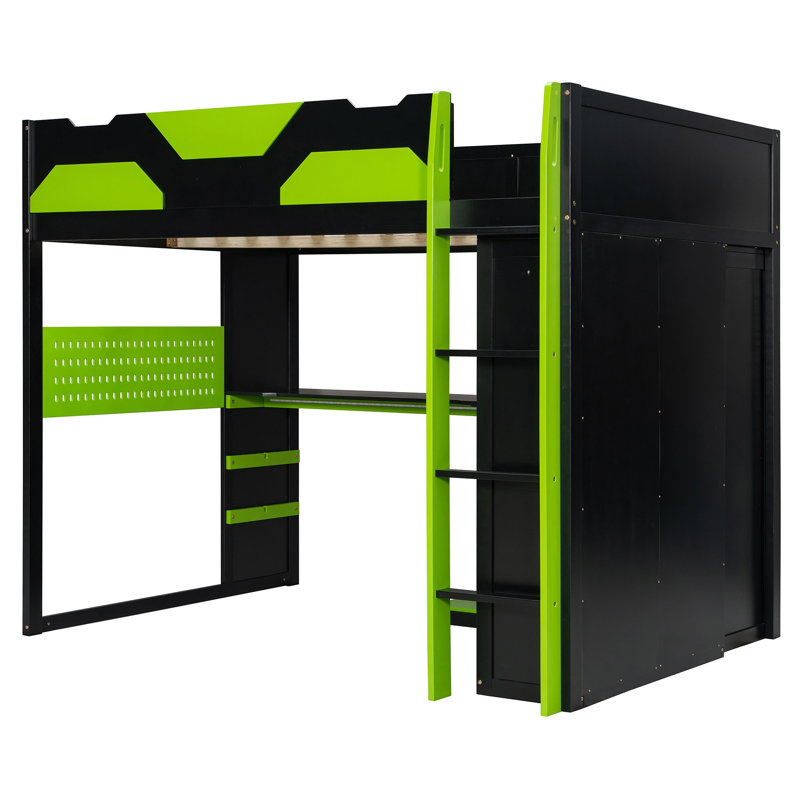 Lit mezzanine double en bois avec bureau, tablettes multiples, USB et lumière RVB, vert, Green