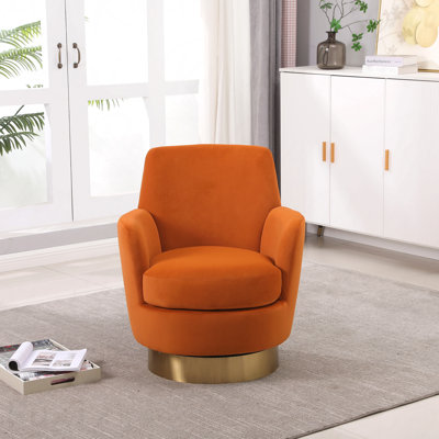 Velvet Swivel Barrel Chair, Swivel Accent Chairs Armchair For Living Room, Reading Chairs For Bedroom Comfy, Round Barrel Chairs With Gold Stainless Steel Base (Orange)