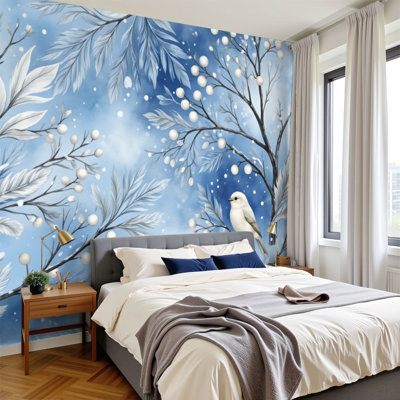 Papier peint adhésif auto-adhésif moderne l 144 po x H 100 po pour chambre à coucher Winter Forest Snowy Branches White Birds