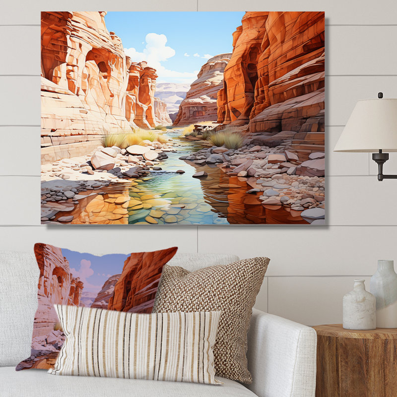 " River By The Canyon Landscape ", Black Picture Framed, 24" H x 32" W