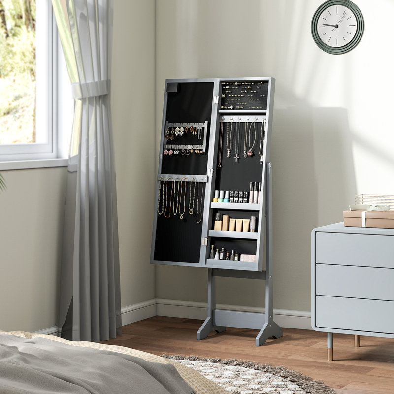 HOMCOM Freestanding Mirror Jewelry Cabinet with LED Lights, Grey