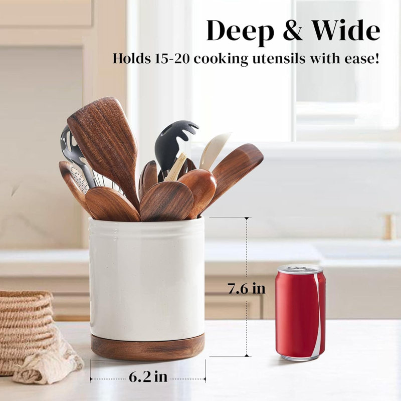 7.6" 360° Rotating Ceramic Utensil Holder (Speck White, Cork Bottom)