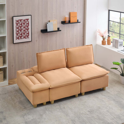 74-inch fashionable and minimalist double-seater pumpkin flannel sofa with cup holders, an adjustable backrest and storage compartments is suitable for living rooms, bedrooms and balconies.