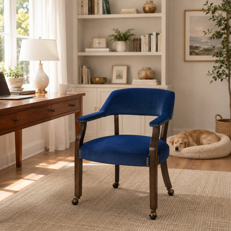 Fabric Dining Chairs With Arms And Casters, Blue, 1