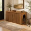 Enclos pour bac à litière de style moderne du milieu du siècle avec entrée latérale réversible et portes doubles rainurées, noyer