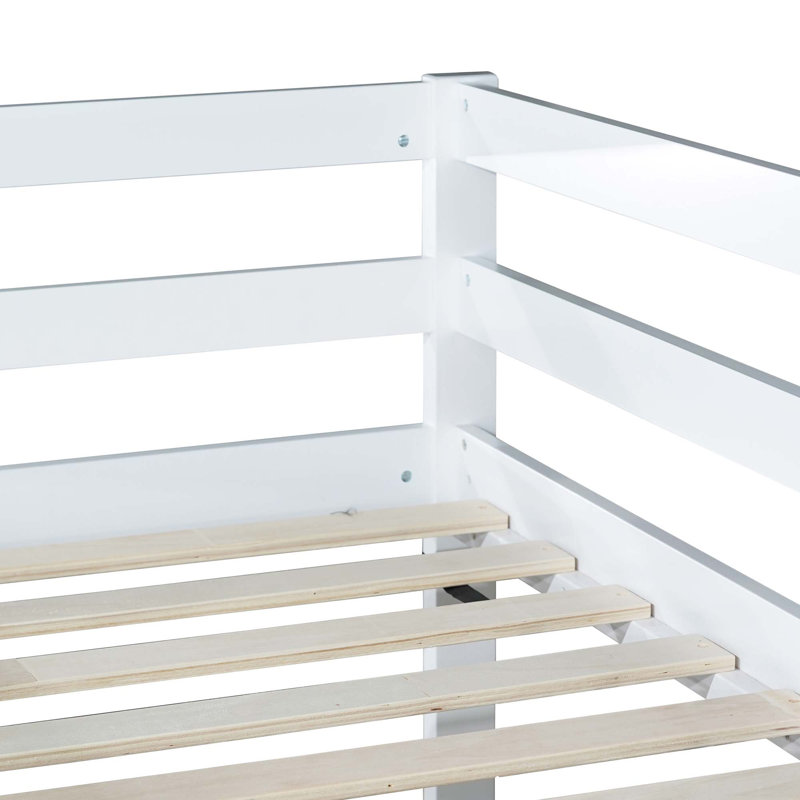 Hedra Twin Over Twin Bunk Bed With Ladder And Storage, Solid Rubber Wood Construction, White