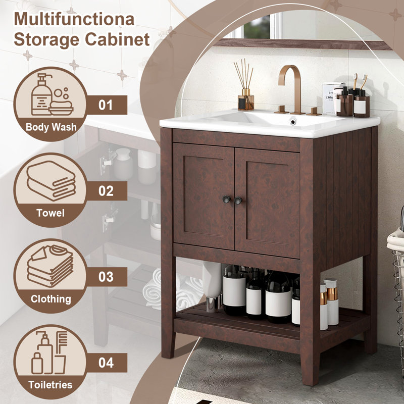 24'' Single Bathroom Vanity with Ceramic Top, Brown / Black