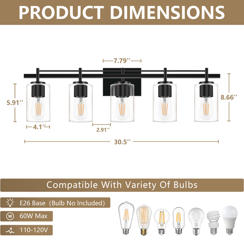 5 - Light Vanity Light With Clear Glass Shade For Bathroom, Bedroom, Hallway, Staircase, Matte Black, 5 Lights