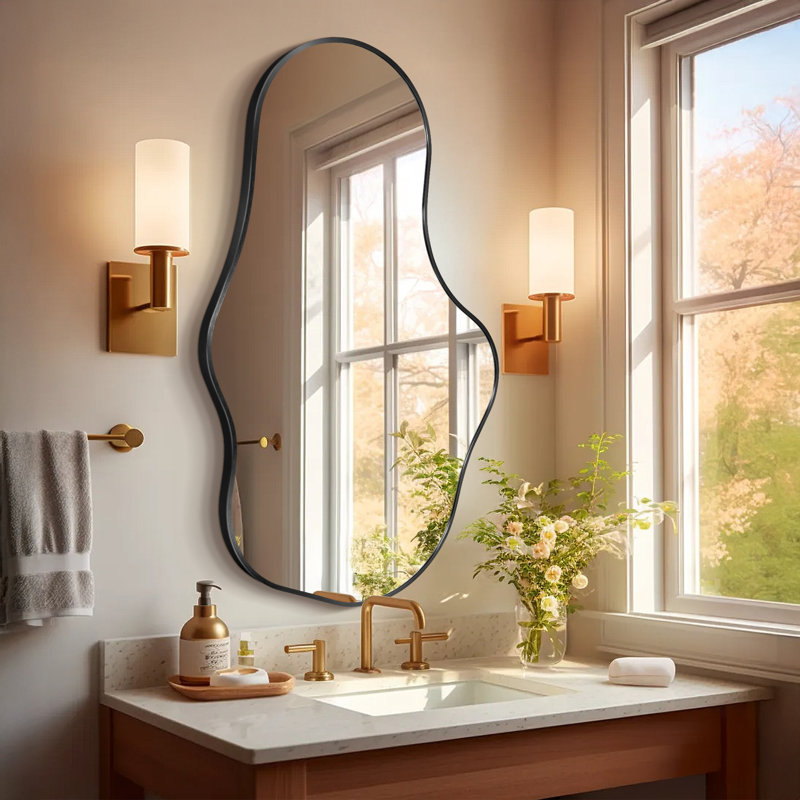 Irregular Wall Mirror, Asymmetrical Bathroom Vanity Mirror with Metal Frame, Modern Decorative Mirror, Black