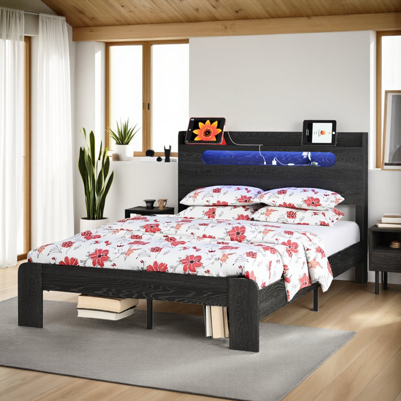 Lit plateforme avec tête de lit à DEL, ports USB et rangement sous le lit, Grand lit