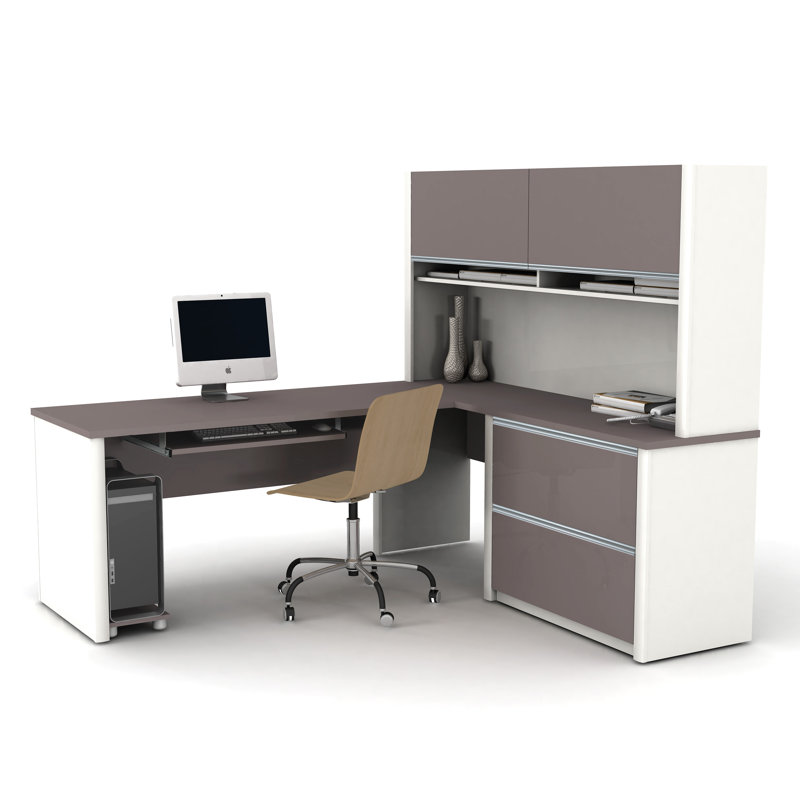 Aurea L-Shaped With Hutch Workstation Kit Including Oversized Pedestal