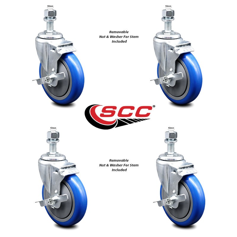 Polyurethane Wheel Swivel 12mm Threaded Stem Caster Set 2 Brake