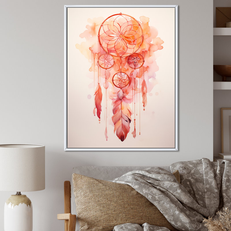 «Pink Boho Dreamcatcher Watercolor I», reproduction sur toile, 32" H x 24" W, Cadre flottant blanc