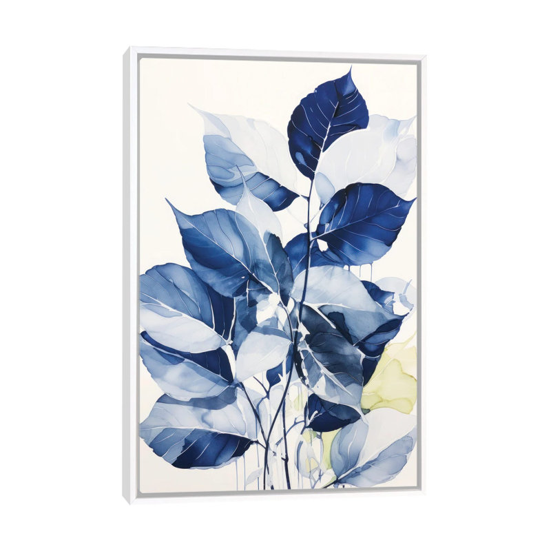 Blue Leaves I - Wall Art Print, 60" H x 40" W, Framed Print without Mat, White