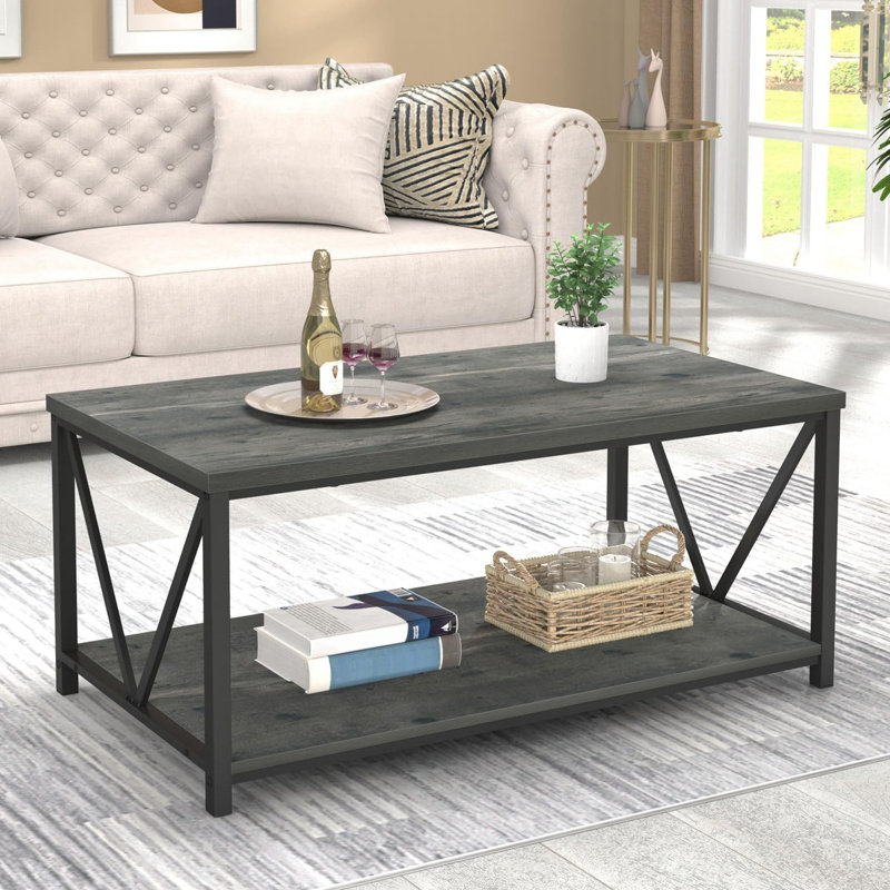Table basse rustique, table de salon moderne avec tablette de rangement, chêne blanc, Gris