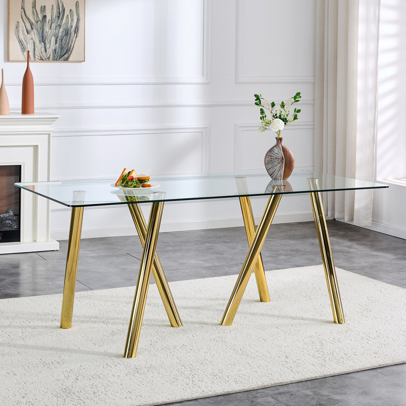 71" Rectangular Dining Table for 6-8 with Tempered Glass Top & Gold Metal Legs, Gold, 30" H x 71" L x 35.50" W