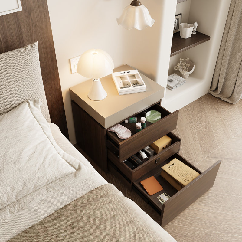 19.6''W 4-Drawer Contemporary Wood Nightstand With Storage Compartment And NFC Lock And Key Lock, Khaki/Walnut