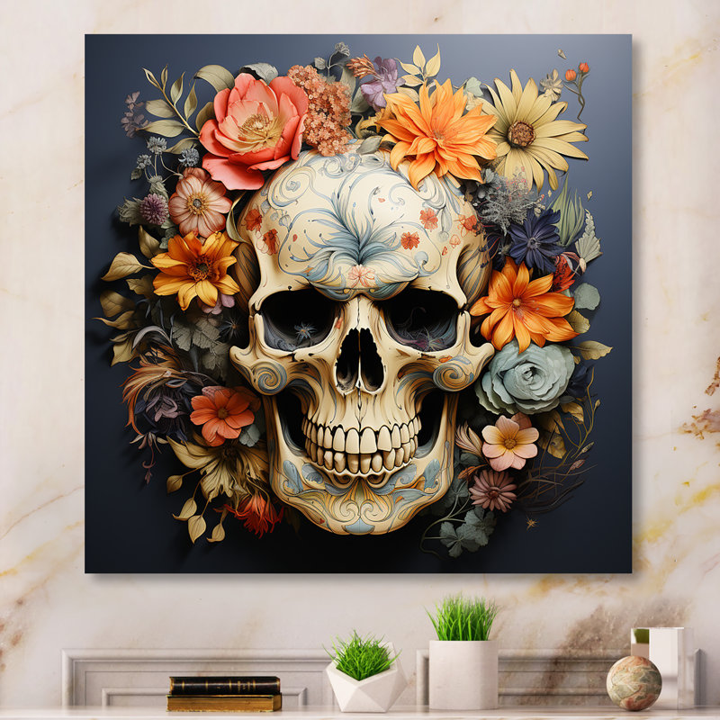 Crâne floral à la mode en doré II - art mural mode crâne, Toile tendue, H 16 po x l 16 po x P 1 po