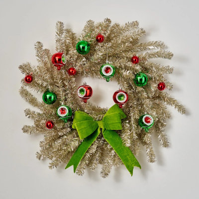 Joyeux Grinchmas - guirlande d'argent, arc vert lime et ornements de Noël brillants, porte d'entrée, manteau de cheminée