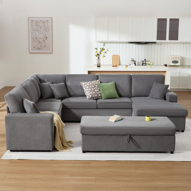 Canapé modulaire en forme de U de 130 po de largeur avec plusieurs sièges de rangement et repose-pieds mobile à 2 places, velours côtelé gris