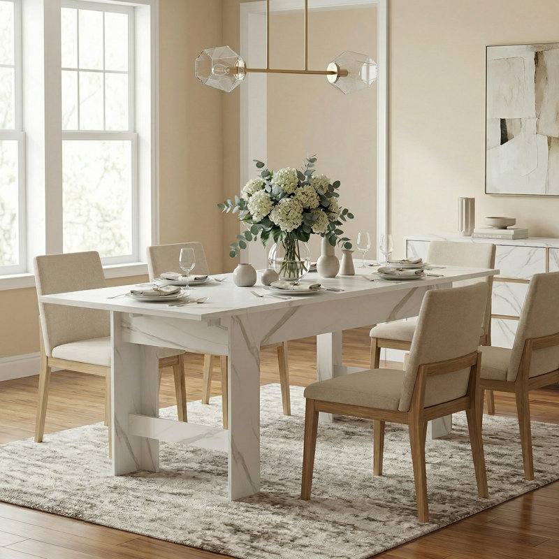 Rectangular Modern Marble-Effect Foldable Dining Table